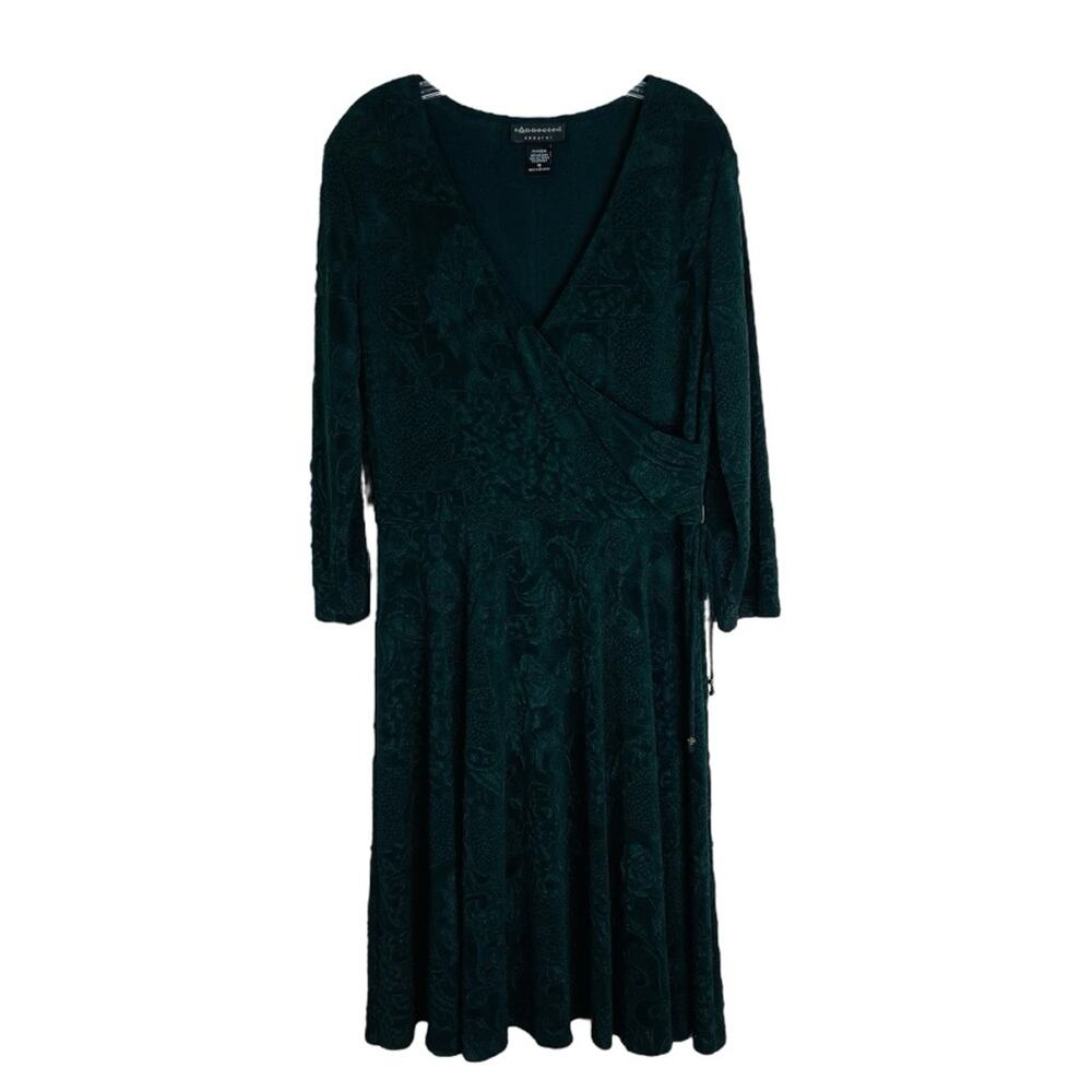 Vintage green floral faux wrap stretchy midi dress 16